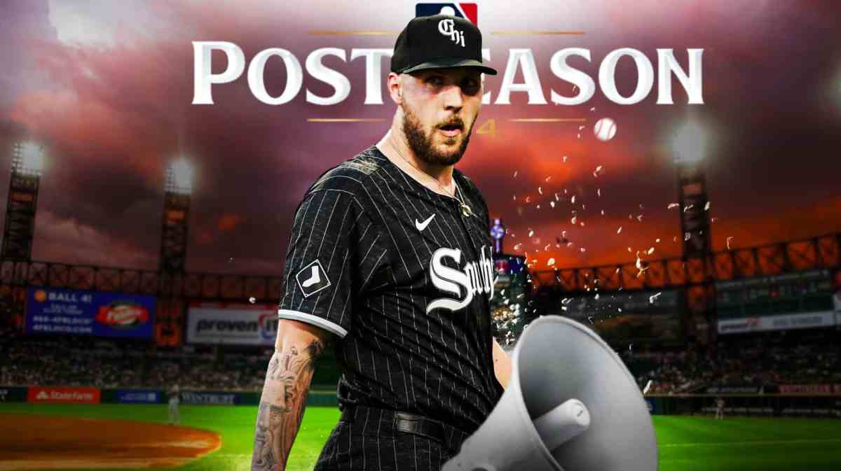 White Sox's Garrett Crochet hyped up while holding a loudspeaker, with the MLB playoffs logo beside him
