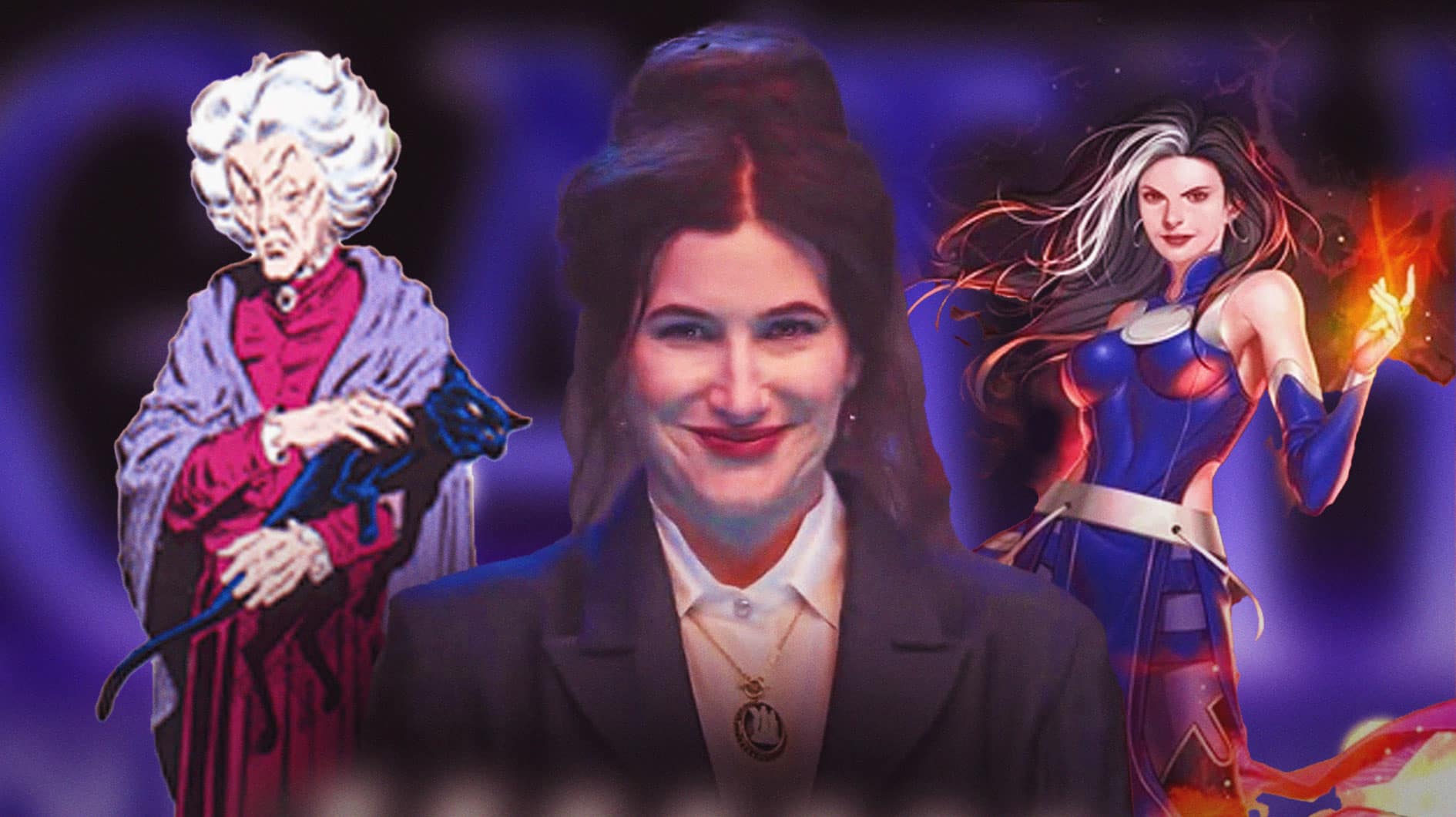 Kathryn Hahn as Agatha Harkness in the middle flanked by her comic versions