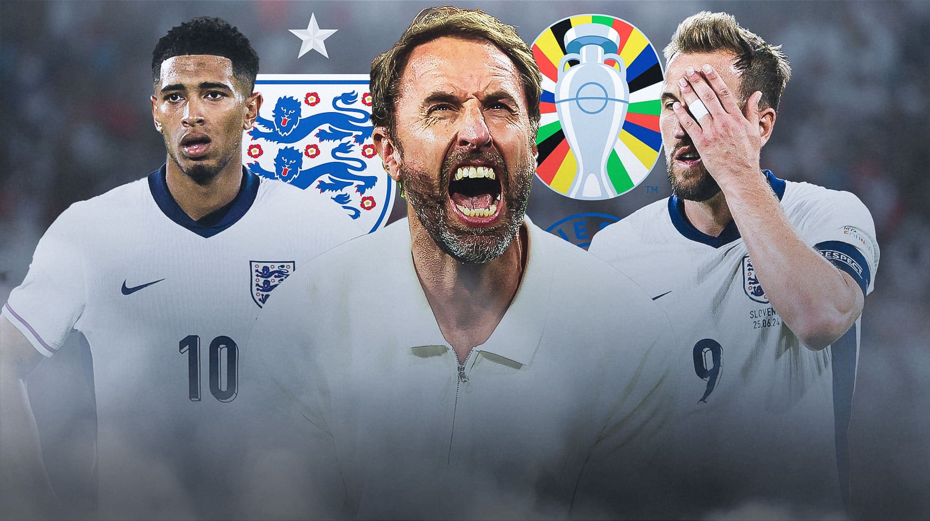 Gareth Southgate, Harry Kane, Jude Bellingham in front of the England team and Euro 2024 logos
