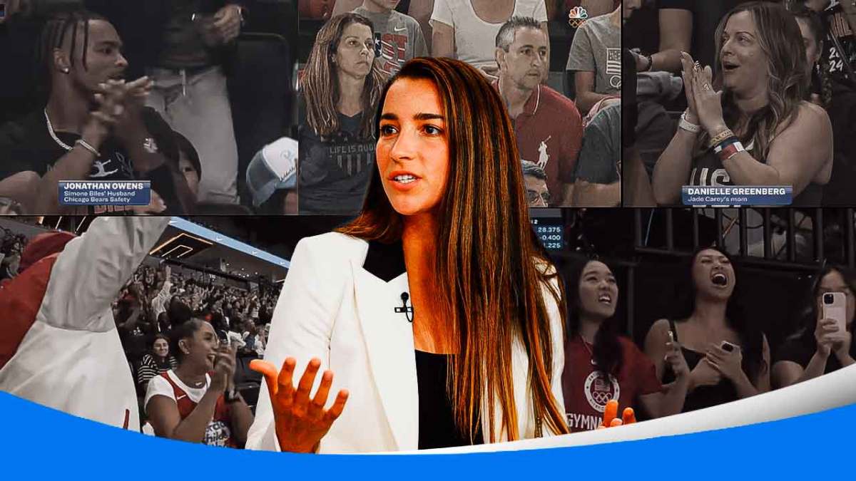 Aly Raisman's parents nervously squirming during the 2012 or 2016 Olympics, and Aly Raisman surrounded by a collage of pics of the parents/families of Simone Biles, Jordan Chiles, Suni Lee, Jade Carey, and Hezley Rivera