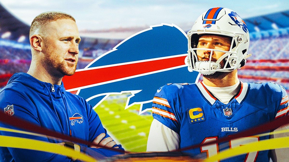 Joe Brady, Josh Allen. Bills logo in background