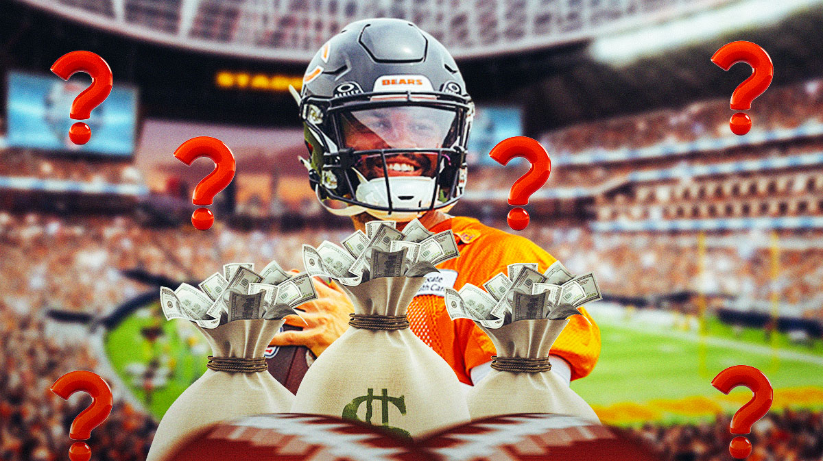 Caleb Williams in a Bears jersey with money bags and question marks all around