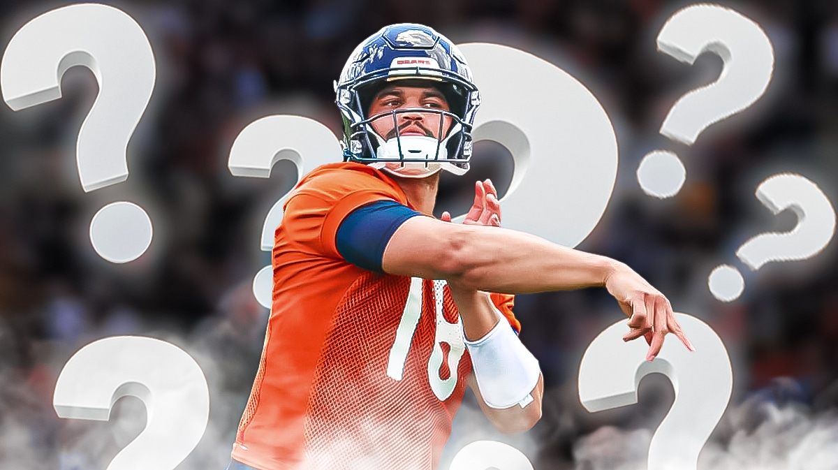 Caleb Williams in Bears jersey in action, question marks around him