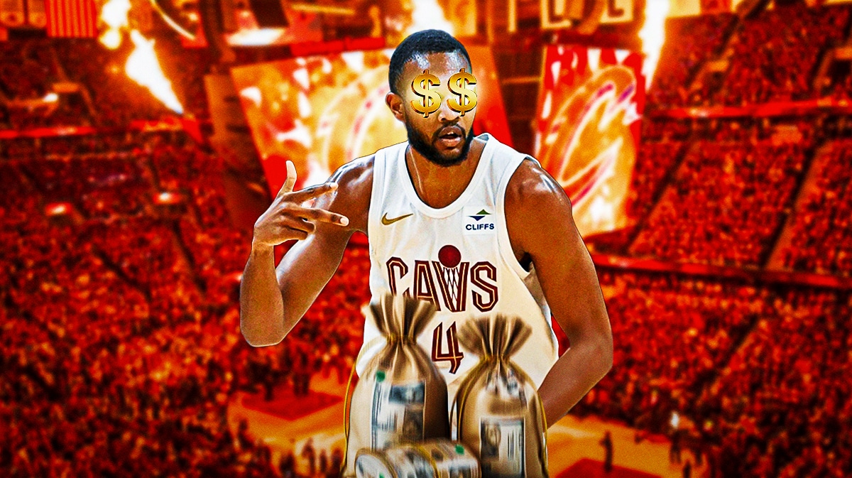 Evan Mobley with dollar signs for eyes with a Cavs-colored background.