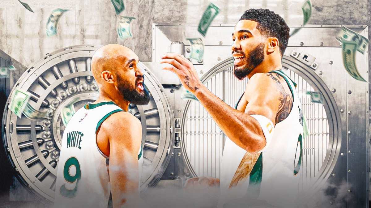 Derrick White and Jayson Tatum smiling in a bank vault/money background