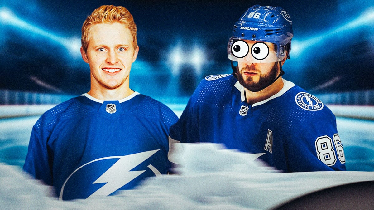 Jake Guentzel in a Lightning uniform. Nikita Kucherov with eyeball emojis on him