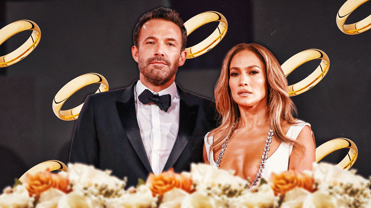 Jennifer Lopez and Ben Affleck with wedding rings surrounding them