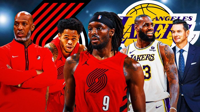 Blazers' Jerami Grant, Anfernee Simons, Chauncey Billups next to Lakers' LeBron James, JJ Redick