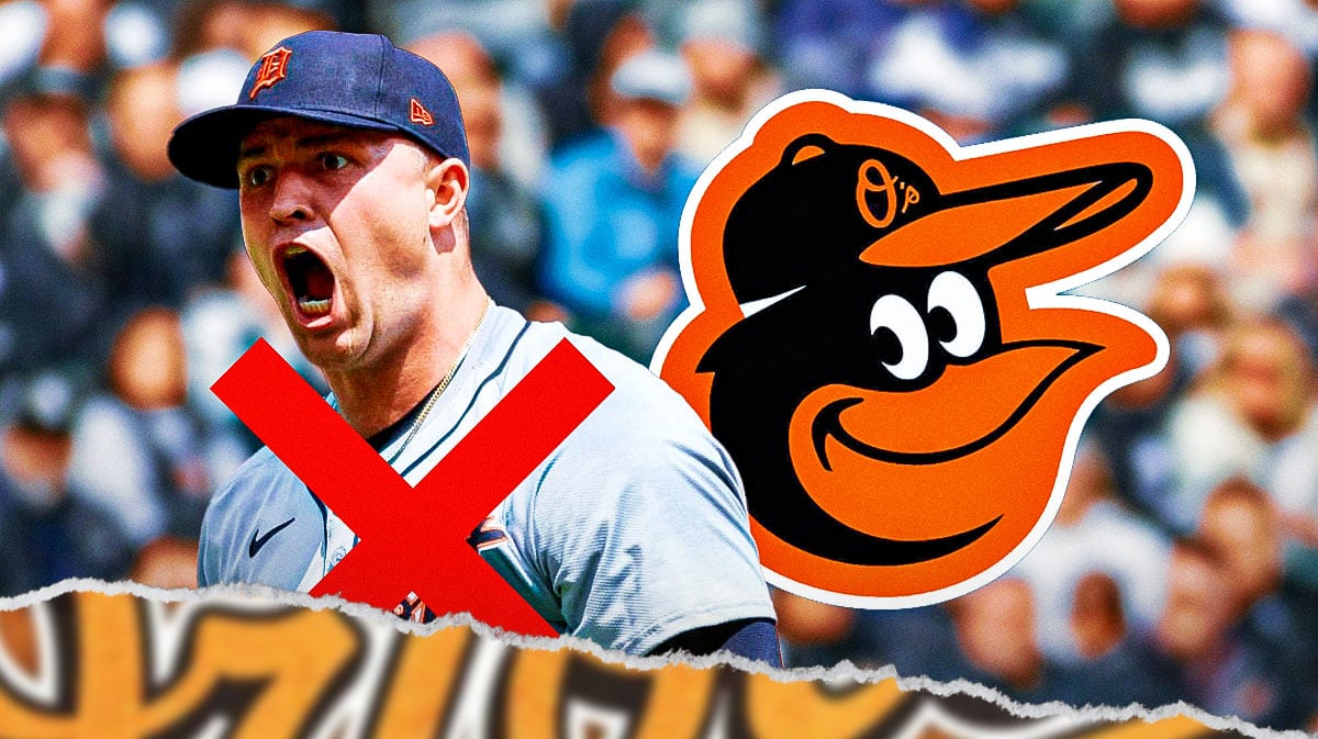 Orioles log and Detroit Tigers pitcher Tarik Skubal x'ed out.
