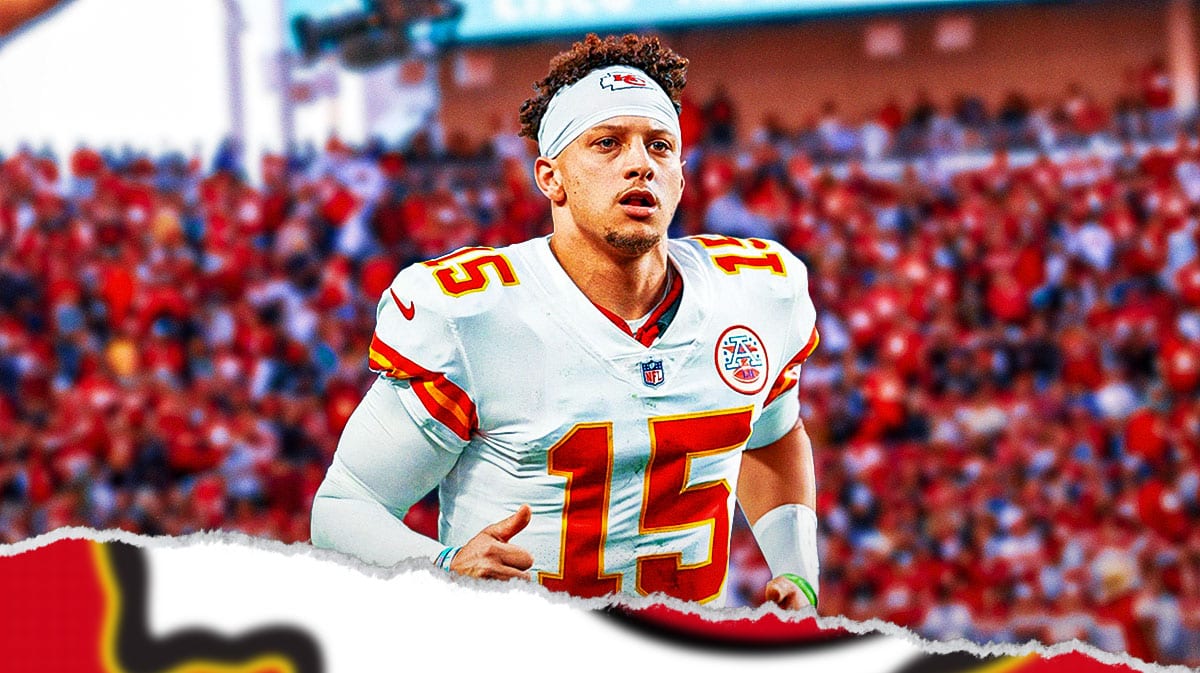 Kansas City Chiefs star Patrick Mahomes in front of Arrowhead Stadium.