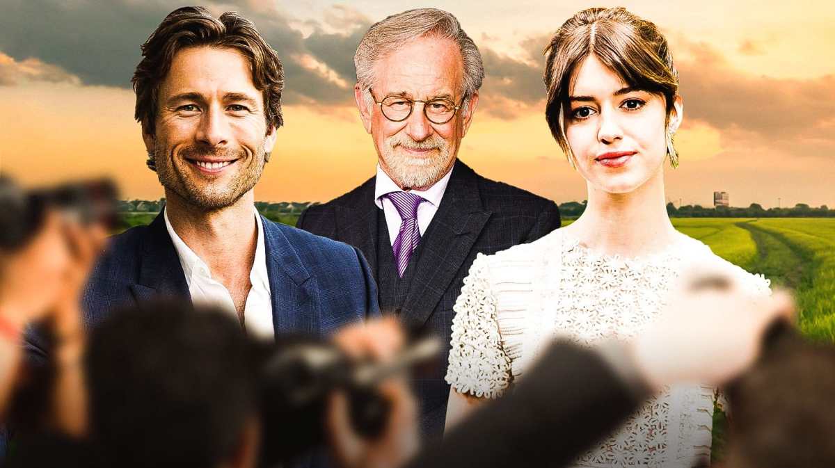 Twisters stars Glen Powell and Daisy Edgar Jones with Steven Spielberg with farm background.