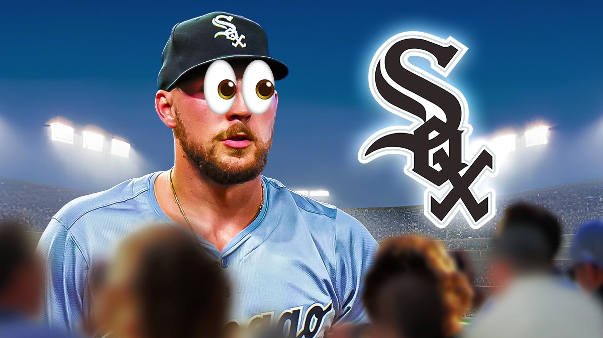 Garret Crochet looks with big eye emojis at White Sox logo