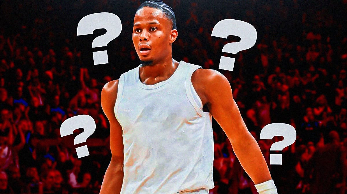 Isaac Okoro in a blank jersey surrounded by question marks with a Cavs colored bg.