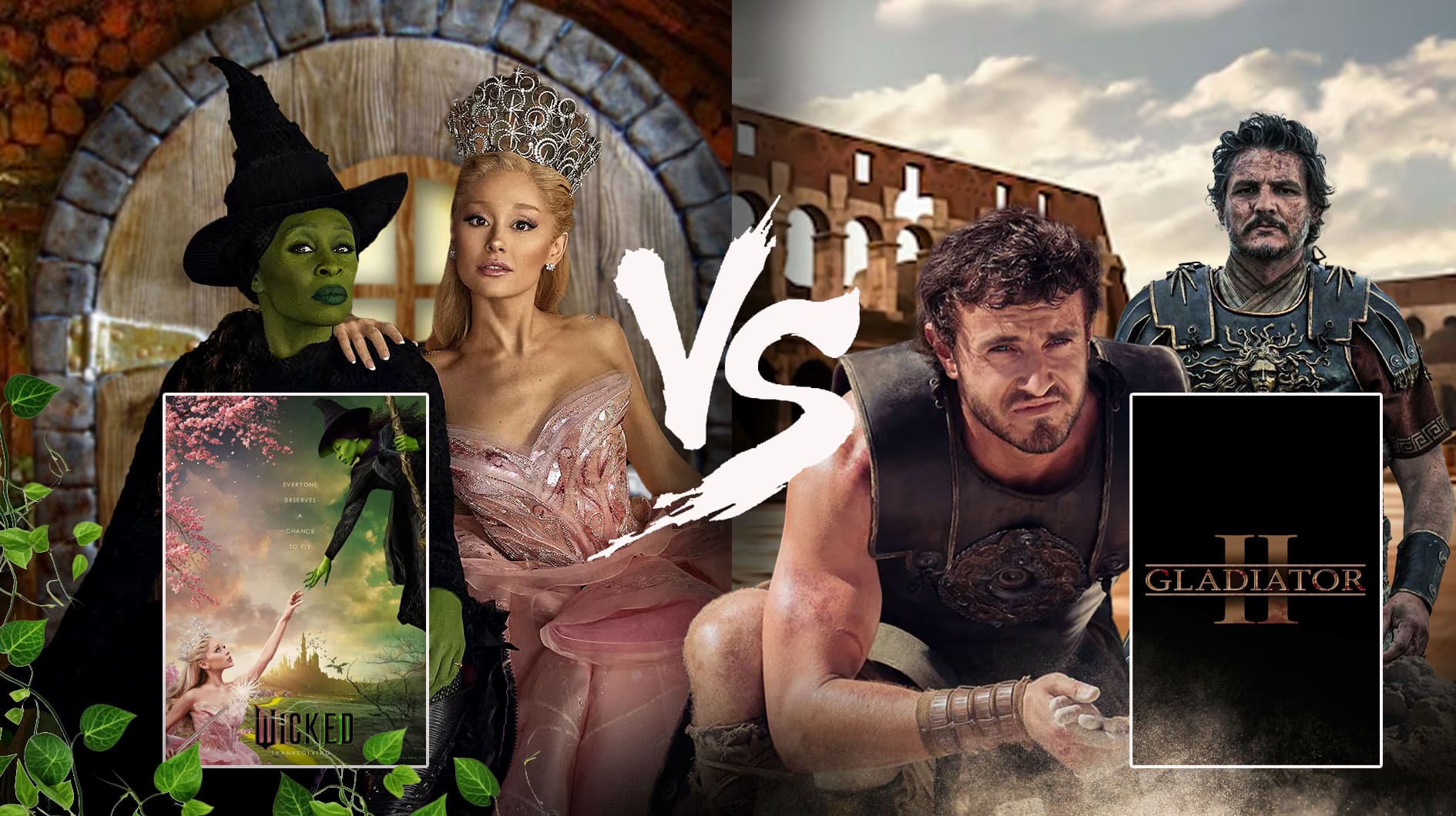 Cynthia Erivo and Ariana Grande as Elphaba and Glinda, background: Wicked poster; Paul Mescal and Pedro Pascal as gladiators, Gladiator II poster