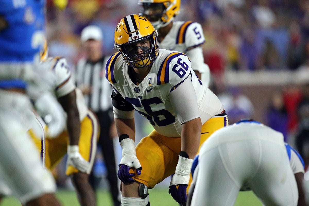 LSU Tigers offensive linemen Will Campbell (66) lines up before the snap during the second half against the Mississippi Rebels at Vaught-Hemingway Stadium