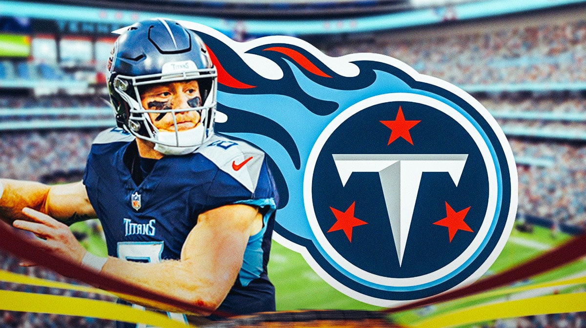 Will Levis next to a Titans logo at Nissan Stadium