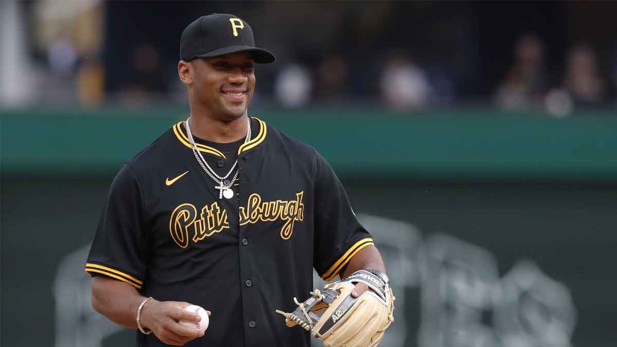 Pittsburgh Steelers quarterback Russell Wilson (3) throws out a ceremonial first pitch before the Pittsburgh Pirates host the Boston Red Sox at PNC Park. 