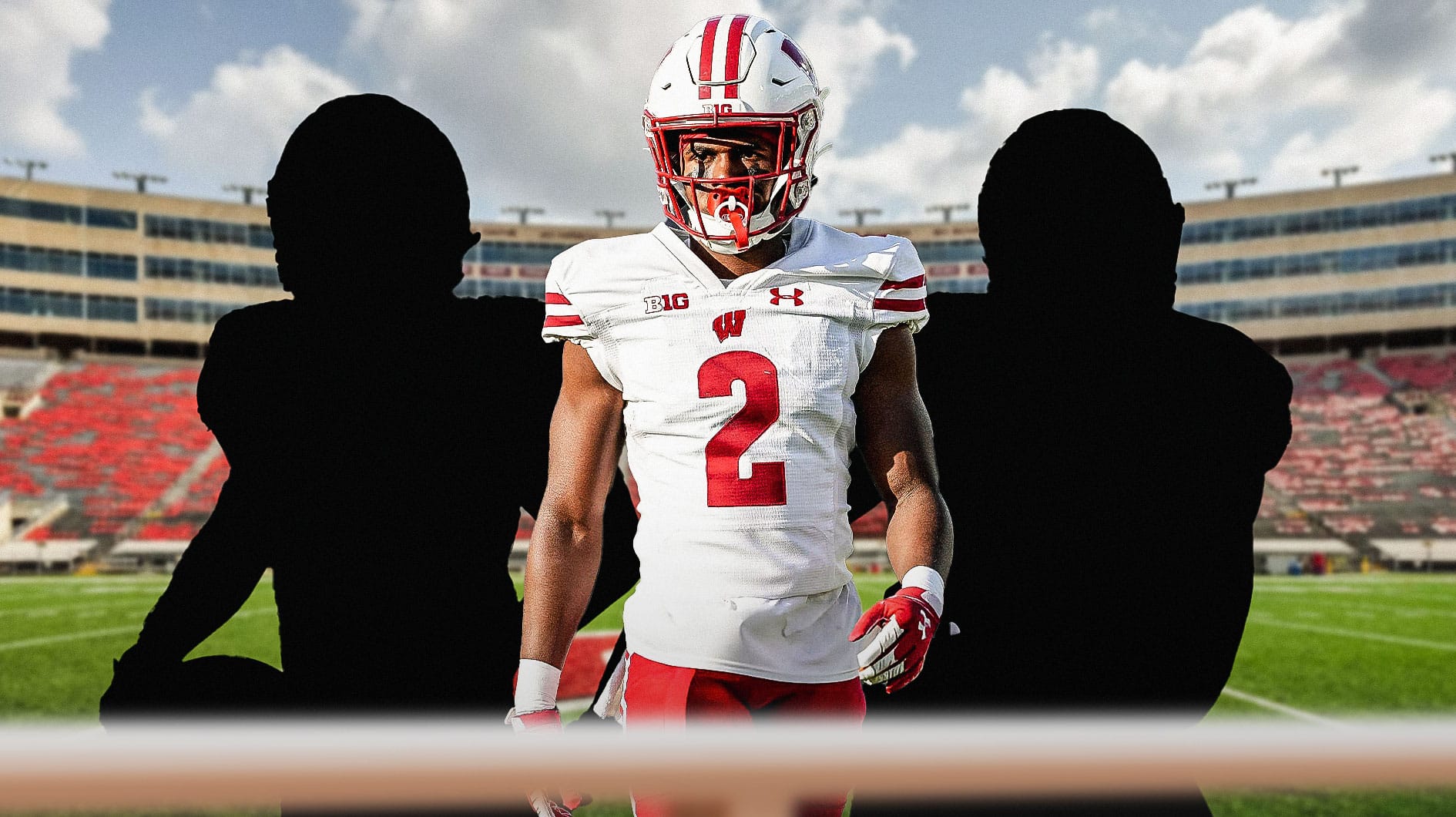 Wisconsin football, Badgers, Ricardo Hallman, Luke Fickell, 2024 Wisconsin football, Ricardo Hallman and two mystery players with Wisconsin football stadium in the background