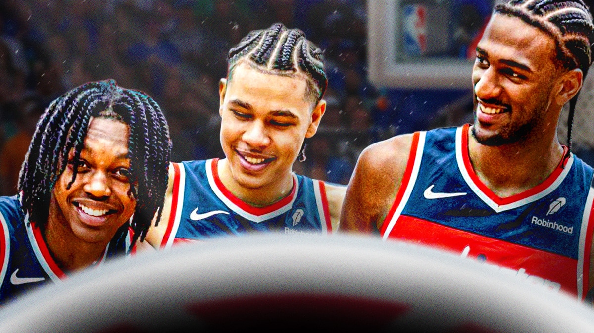 Alex Sarr, Bub Carrington, and Kyshawn George all in Wizards jerseys