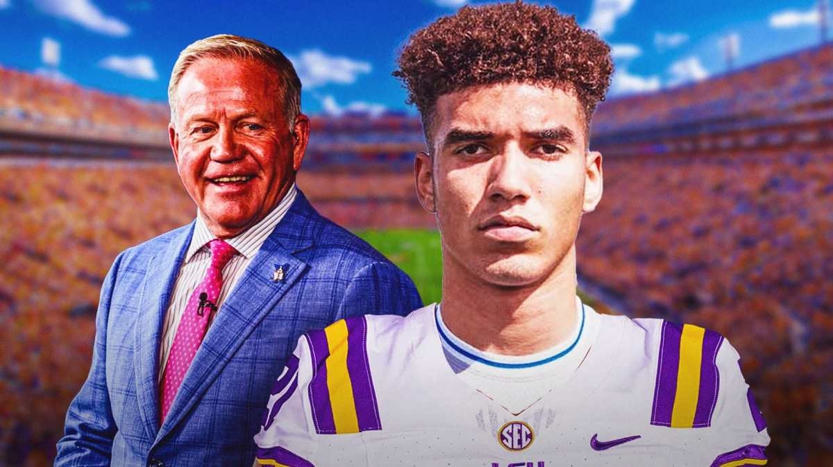 Michigan football, Wolverines, LSU football, Derek Meadows, Michigan football recruiting, Derek Meadows and Brian Kelly with LSU football stadium in the background