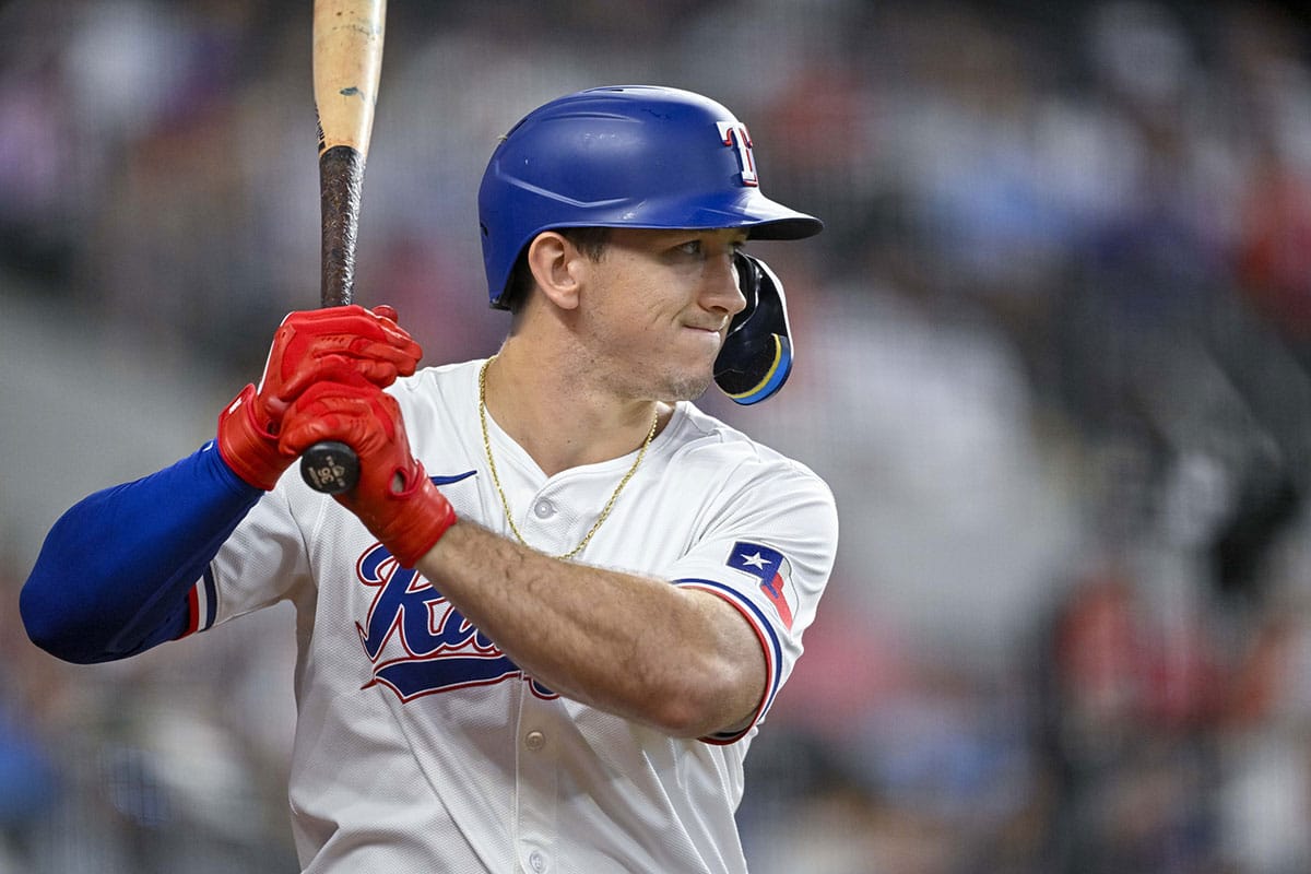 Texas Rangers left fielder Wyatt Langford (36) during the game between the Texas Rangers and the Tampa Bay Rays at Globe Life Field.