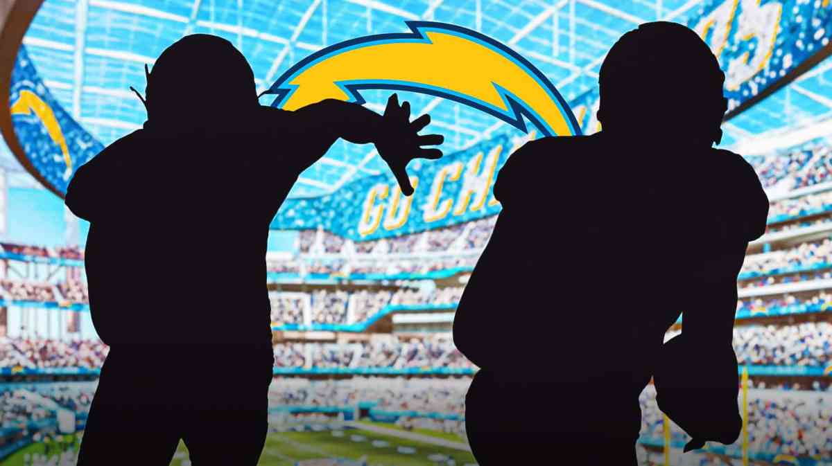 silhouettes of Isaiah Spiller and Cornelius Johnson with Chargers logo in the background
