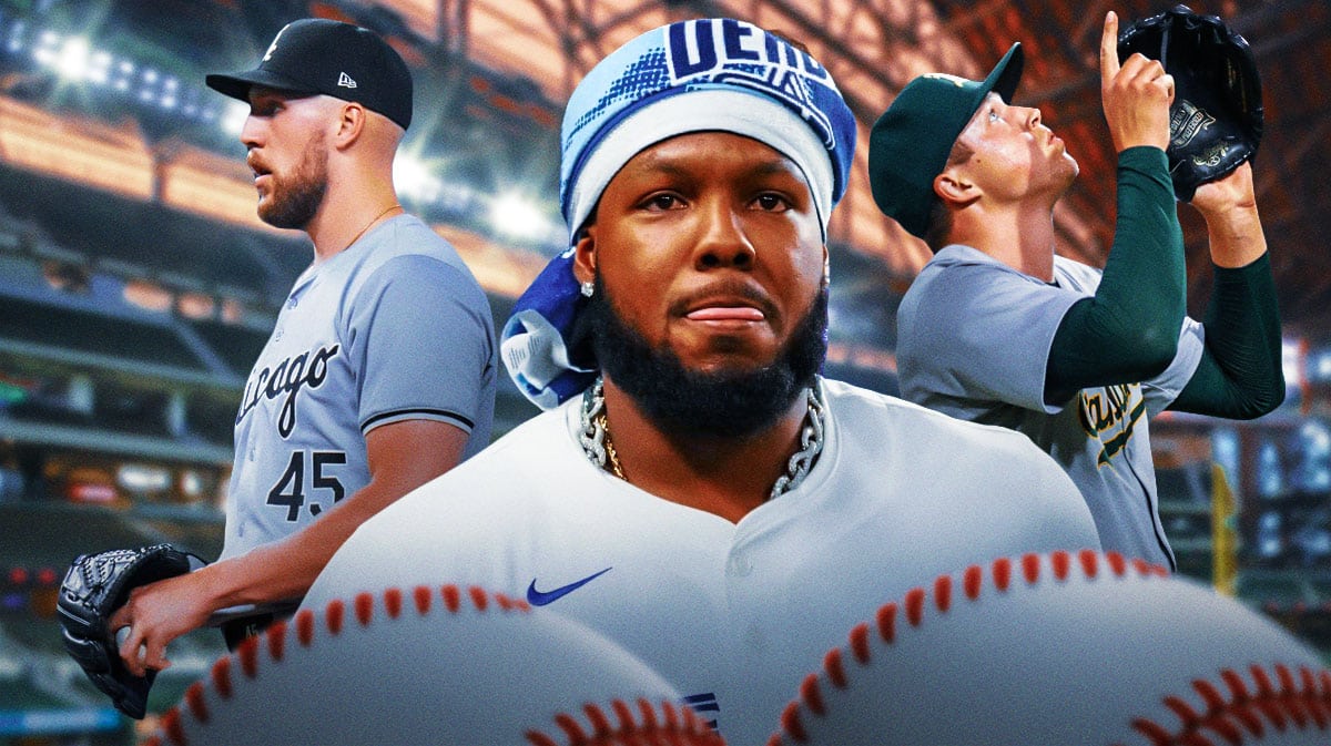 Vladimir Guerrero Jr, Garrett Crochet, and Mason Miller in front of Globe Life Field in Arlington