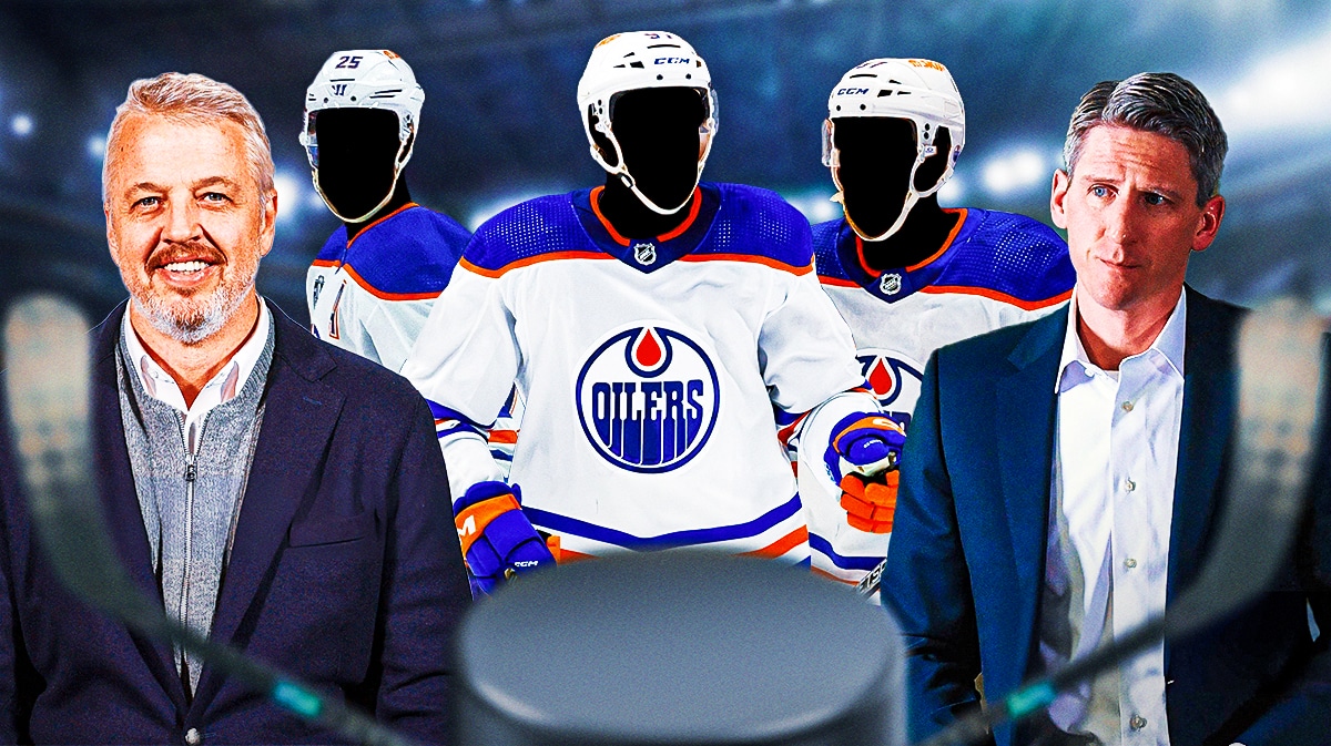 Kris Knoblauch and Jeff Jackson on the outside, 3 Edmonton Oilers silhouettes in the middle. Edmonton Oilers and ice rink in the background.