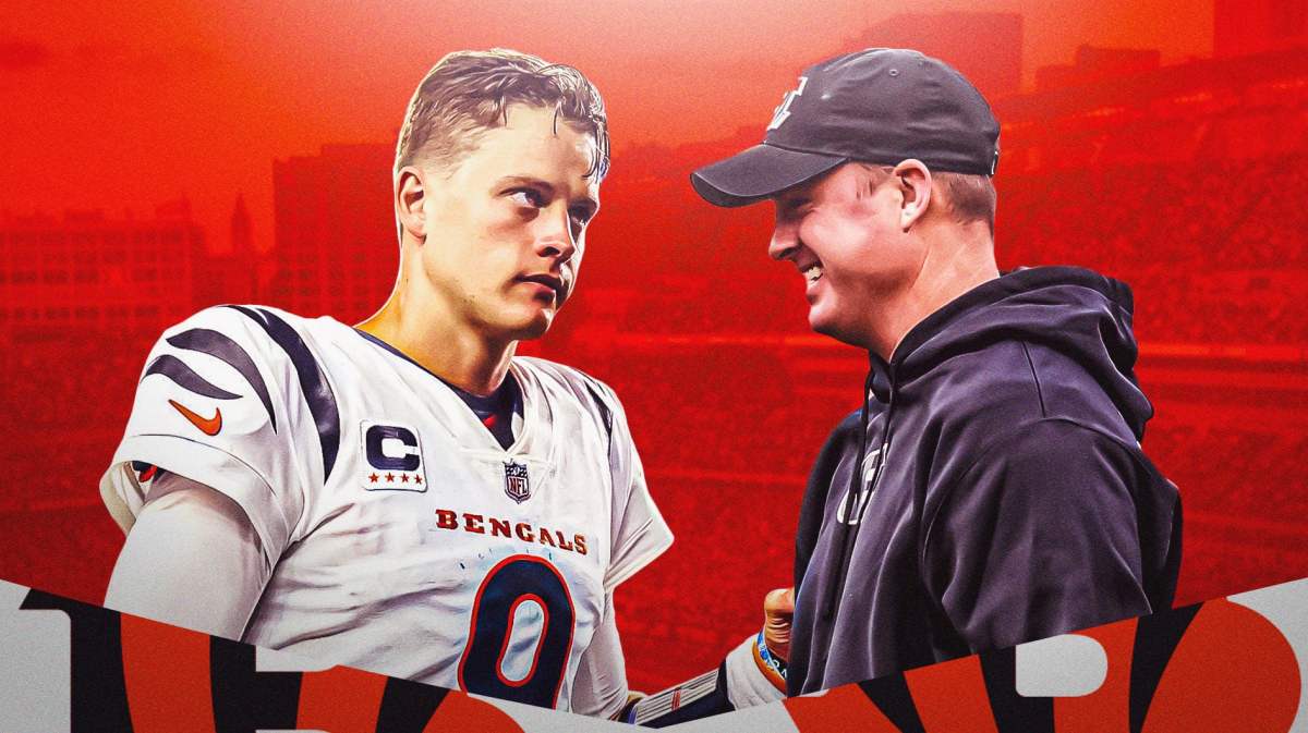 Bengals Joe Burrow and Zac Taylor looking at one another