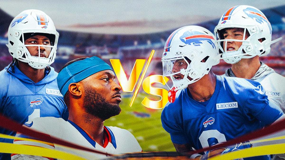 Keon Coleman and Cole Bishop on one side "VS" Curtis Samuel and Mike Edwards (all four in Bills uniforms) on the other.