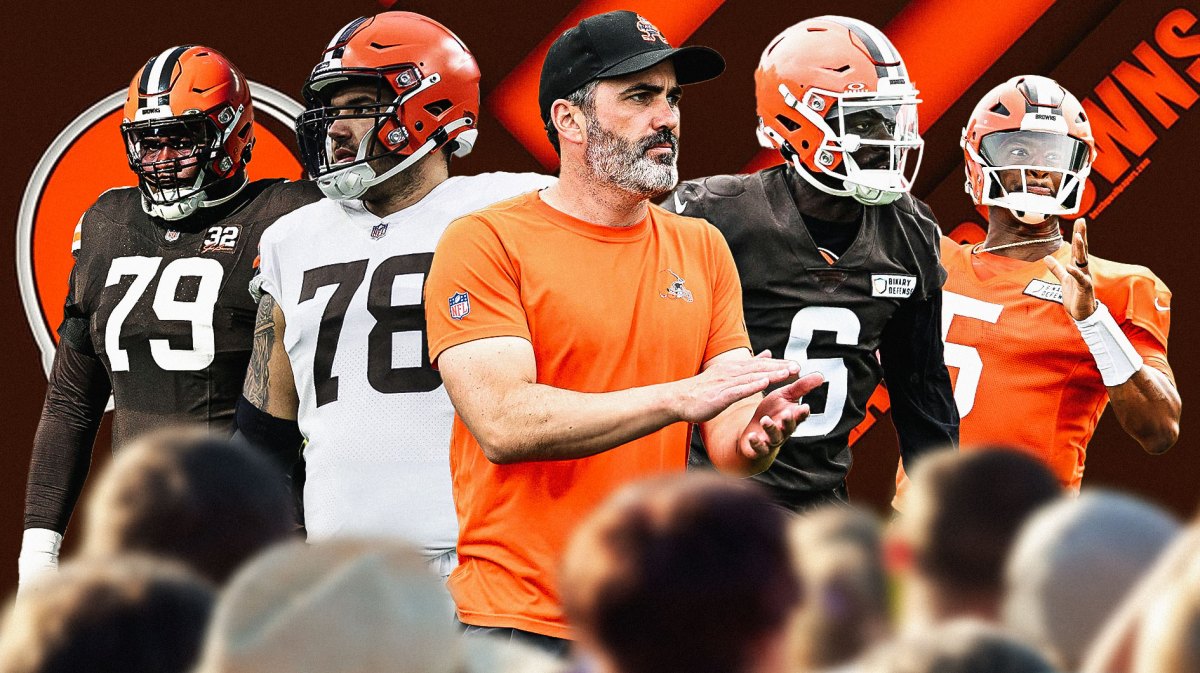 Coach Kevin Stefanski in the middle, Jack Conklin, Dawand Jones, Jeremiah Owusu-Koramoah, Jameis Winston, Cleveland Browns wallpaper in the background