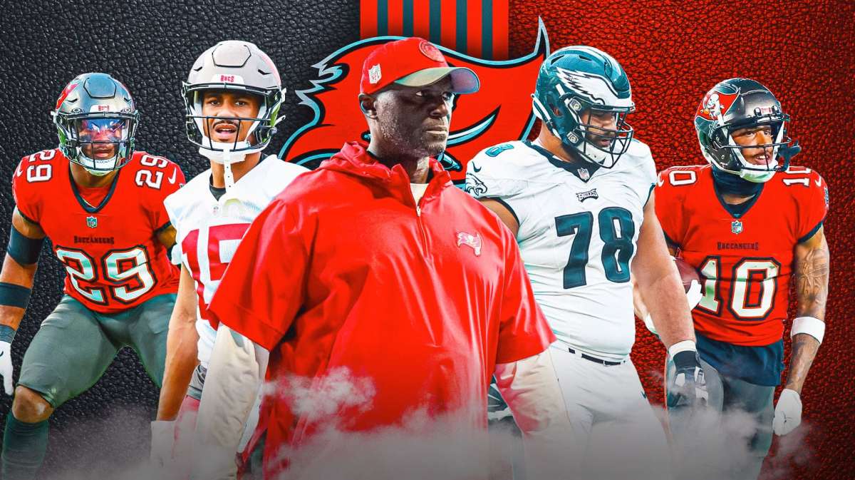 Coach Todd Bowles in the middle, Jalen McMillan, Sua Opeta, Trey Palmer, Christian Izien, Tampa Bay Buccaneers wallpaper in the background