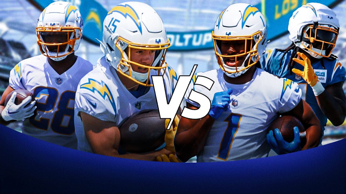 Ladd McConkey and Kimani Vidal "VS" Quentin Johnston and Gus Edwards (ALL in Chargers uniforms)
