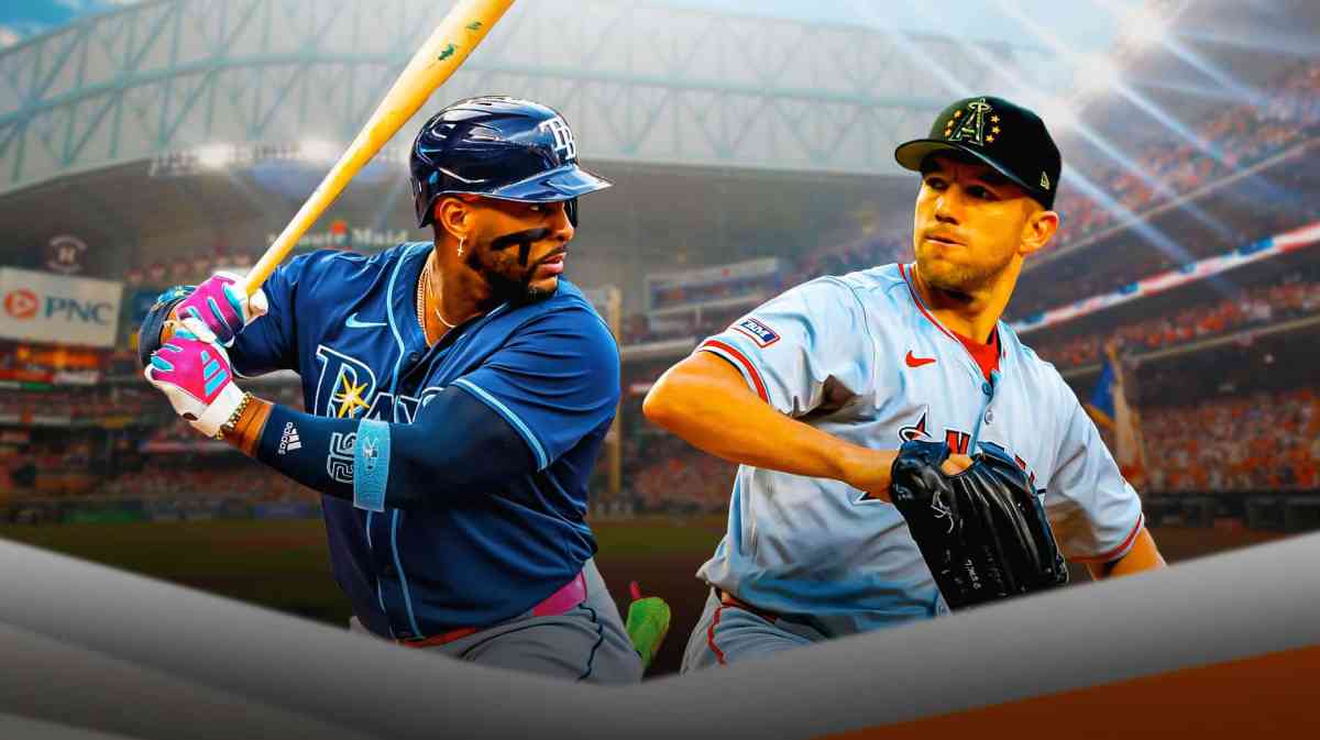 Yandy Diaz hitting in a Tampa Bay Rays uniform on the left and Tyler Anderson pitching in a Los Angeles Angels uniform on the right as the Astros could target both players at the MLB trade deadline.