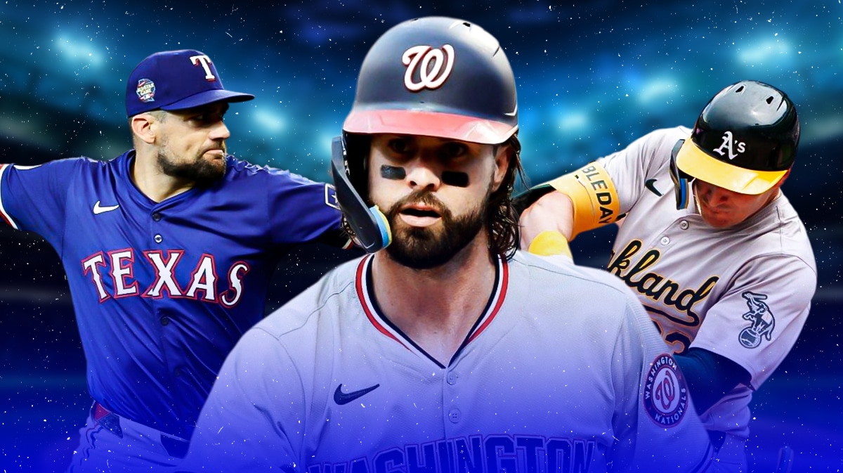 Nathan Eovaldi pitching in a Texas Rangers uniform, Jesse Winker center in a Washington Nationals uniform and JJ Bleday hitting in an Oakland As uniform on the right side as sneaky MLB trade deadline moves for the Cardinals