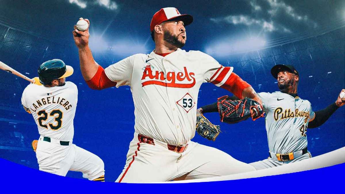 Shea Langeliers hitting in an Oakland A's uniform, Carlos Estevez pitching in a Los Angeles Angels uniform and Aroldis Chapman pitching in a Pittsburgh Pirates uniform as the Chicago Cubs could target each a the MLB trade deadline.