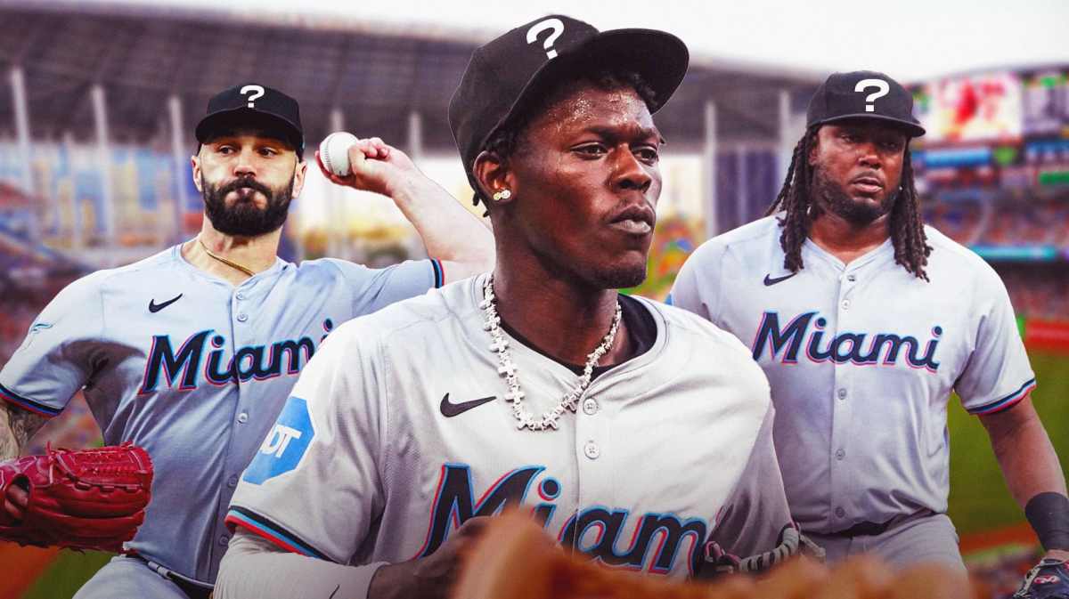 Jazz Chisholm Jr., Tanner Scott, and Josh Bell with question marks on their hats 2024 trade deadline
