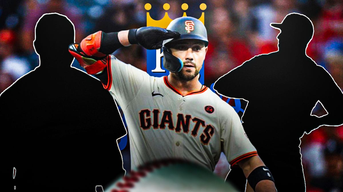 Michael Conforto in middle, silhouette of Tyler Anderson on right, silhouette of Tommy Pham on left, Kansas City Royals logo behind. MLB Trade Deadline