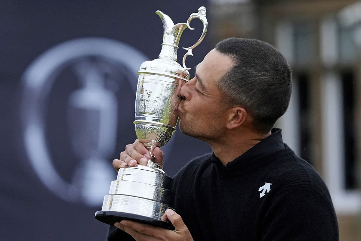 Xander Schauffele celebrates with Claret Jug after winning the Open Championship golf tournament at Royal Troon. 