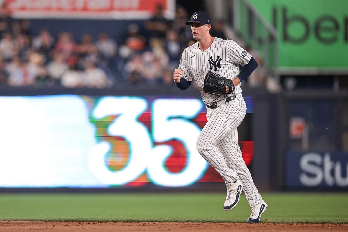 New York Yankees relief pitcher Clay Holmes (35) enters the game during the ninth inning against the Baltimore Orioles at Yankee Stadium.