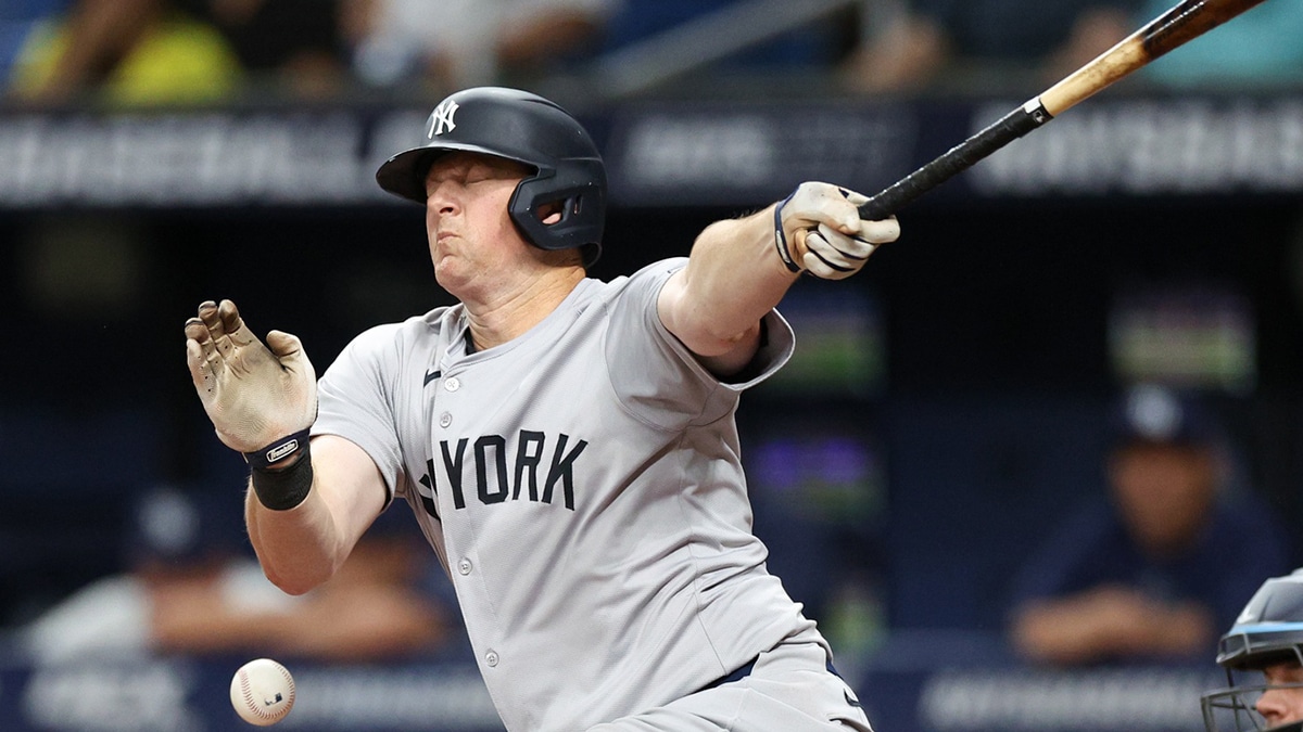  New York Yankees third baseman DJ LeMahieu (26) reacts after fouling a ball off himself against the Tampa Bay Rays in the seventh inning at Tropicana Field.