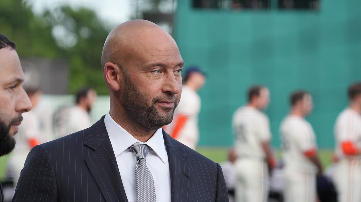 Former MLB player Derek Jeter before the MLB at Rickwood Field tribute game to the Negro Leagues between the St. Louis Cardinals and San Francisco Giants. Rickwood Field is the oldest baseball stadium in America.