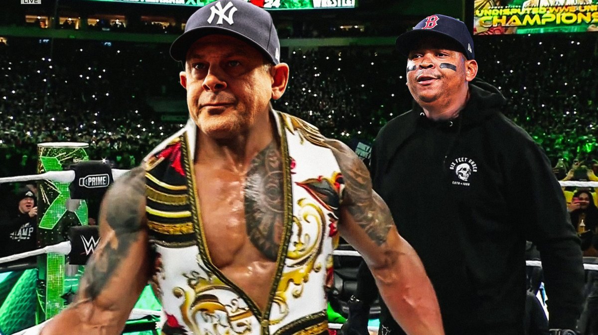 Aaron Boone (Yankees MANAGER) as The Rock and Rafael Devers (Red Sox) as The Undertaker