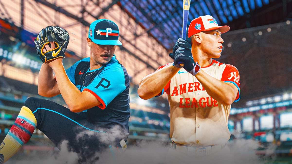 Paul Skenes pitching in a Pittsburgh Pirates uniform on one side and Aaron Judge hitting in a New York Yankees uniform on the other side as they will face each other in the MLB All-Star game for the first time.