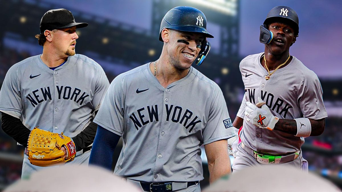 Yankees Aaron Judge smiling in front. In background, need Jazz Chisholm Jr. and Mark Leiter Jr. both in Yankees jerseys.