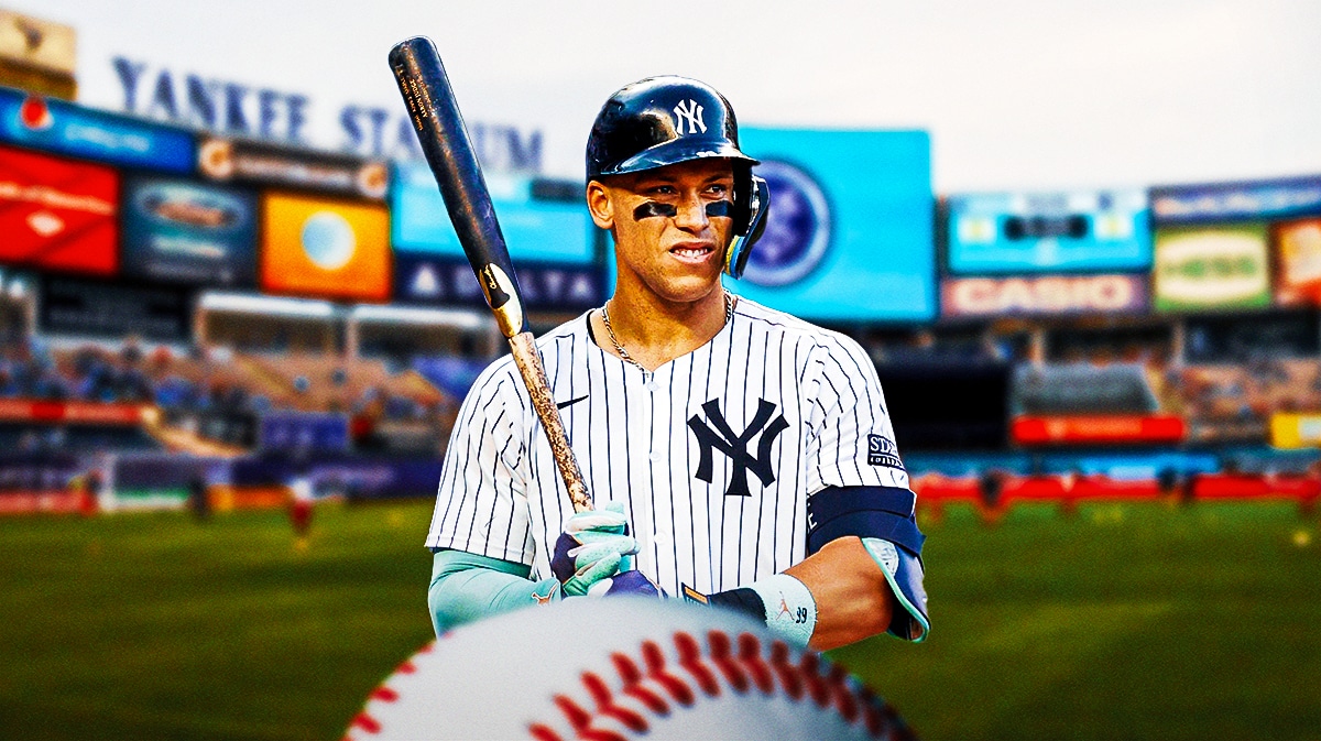 New York Yankees star Aaron Judge in front of Yankee Stadium.