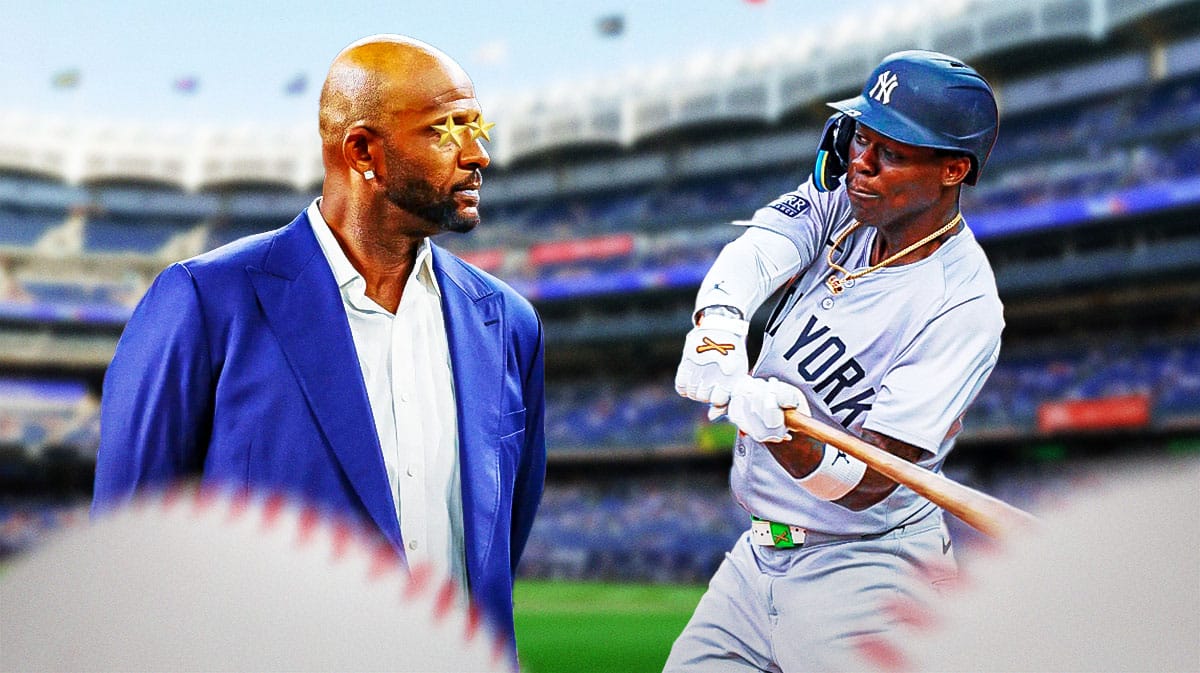 Yankees Jazz Chisholm Jr. swinging a baseball bat. CC Sabathia with stars in his eyes looking at Chisholm.