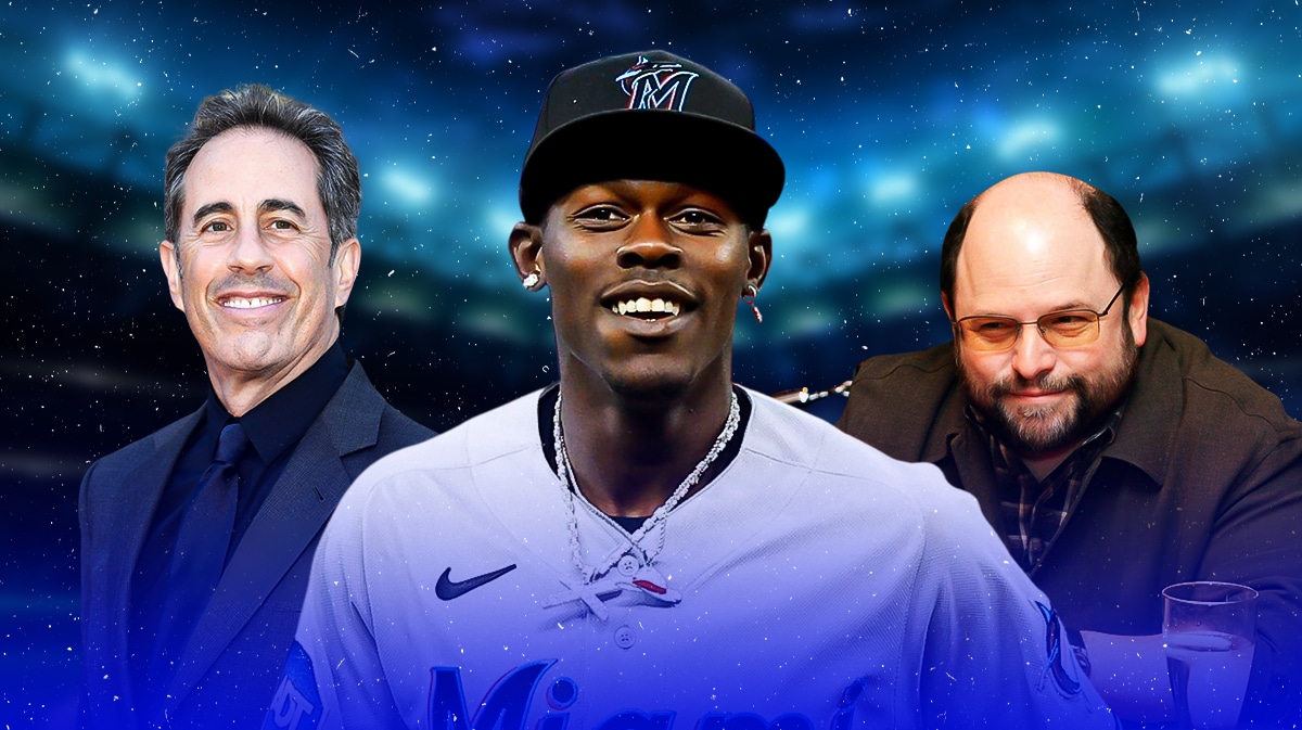 Jazz Chisholm laughs next to Jerry Seinfeld and George Constanza