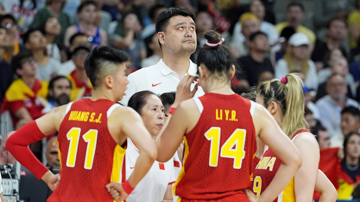 Yao Ming looks on during the game between China and Spain in women’s basketball group A play during the Paris 2024 Olympic Summer Games at Stade Pierre-Mauroy. 