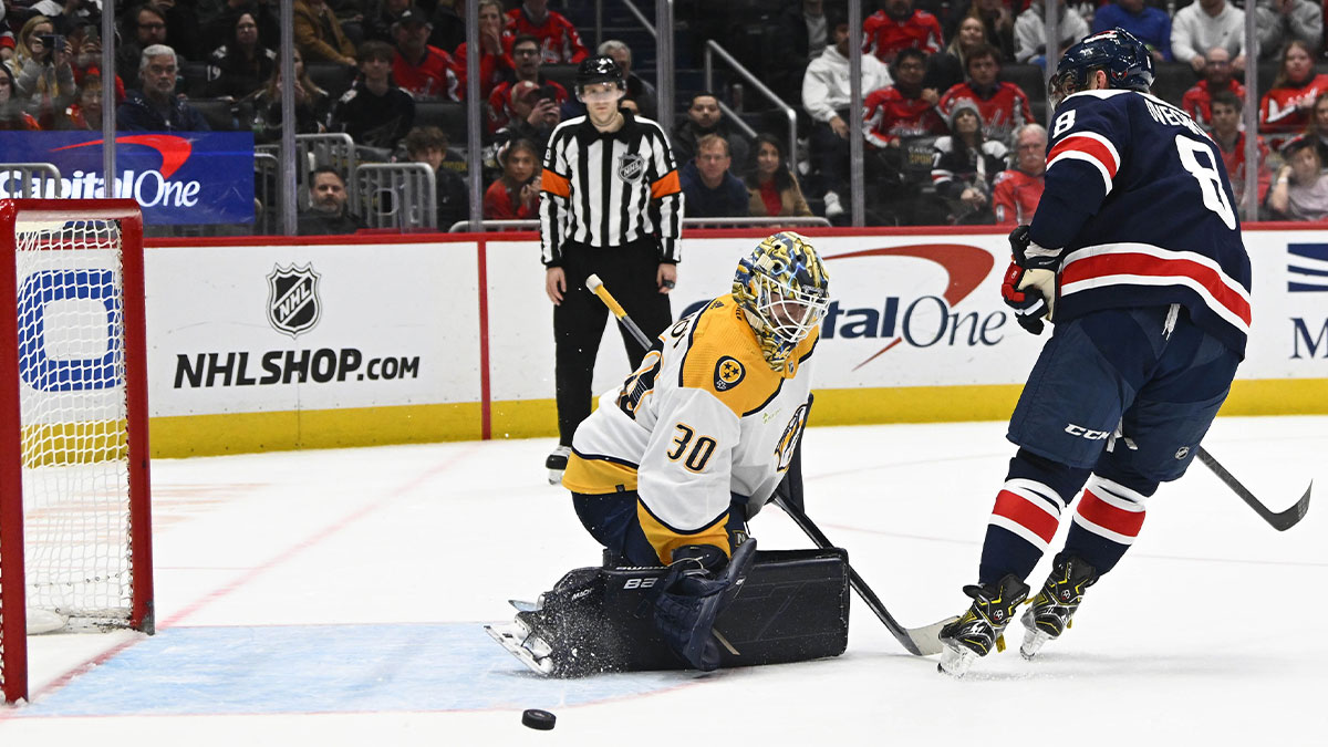 Nashville Predators goaltender Yaroslav Askarov (30) makes a save on a shot by Washington Capitals left wing Alex Ovechkin (8) during the shootout at Capital One Arena.